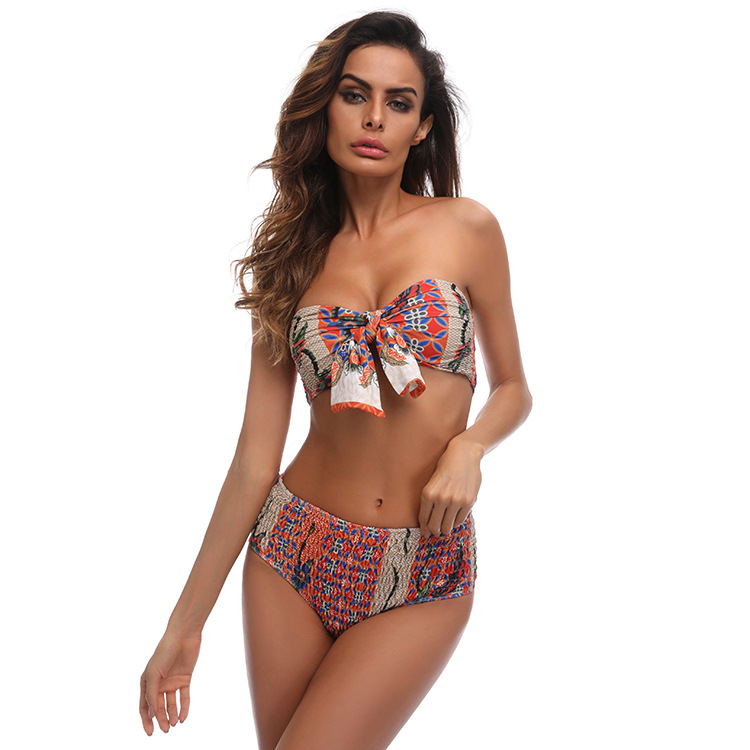 F4683-2 Two Pieces Grid Bow Tie Bikini Sets
